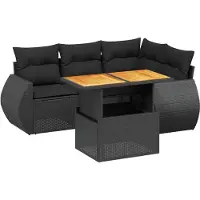vidaXL 5-tlg. Garten-Sofagarnitur mit Kissen Schwarz Poly Rattan