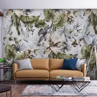Artgeist Fototapete – Natur im Retro-Stil – Dschungellandschaft mit hellen Blättern und Blüten