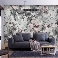 Artgeist Fototapete – Natur im Retro-Stil – Landschaft mit Blättern und Blumen in Grautönen