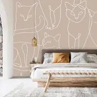 Artgeist Fototapete – Katzen-Strichzeichnung – minimalistische Skizzen weißer Katzen auf beigem Hintergrund