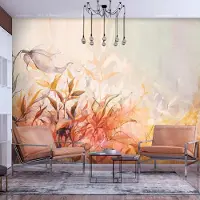 Artgeist Fototapete – Flammende Wiese – eine Naturlandschaft mit einer Blumen- und Blätterwiese im Aquarellstil