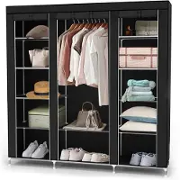 Intirilife Faltschrank 150x175x45 cm in RABEN SCHWARZ - mit Reißverschluss Stoffschrank Kleiderschrank mit Kleiderstange, Fächern und Seitentasche - Camping Steckschrank Textil Garderobe