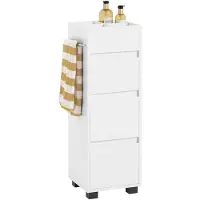 SoBuy Badezimmerschrank – Schmaler Badschrank mit 3 Schubladen, 4 Fächern, Handtuchhalter, Kommode – Kompakte Badmöbel in Holz Weiß 30x90x30cm BZR29-W
