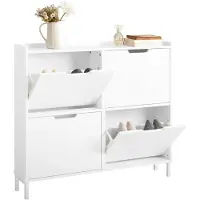 SoBuy schmales Schuhablage- und Schuhschrank-System mit 4 Klappfächern, schlankes Holz-Schrankregal für Flur, Eingangsbereich oder unter den Treppen, Weiß, B100 x T19 x H91 cm