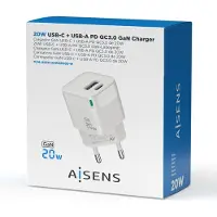 Aisens GaN Wall Charger ASCH-20W2P002-W/ 1xUSB Type-C/ 1xUSB/ 20W