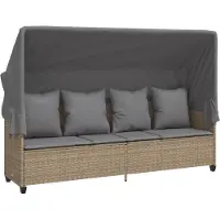 vidaXL Sonnenliege mit Dach und Kissen Beige Poly Rattan