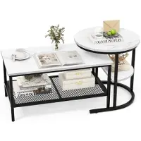 Costway Kombinierbare Couchtische, 2-teiliges Kaffeetisch-Set mit Kunstmarmorplatte & zusätzlicher Ablagefläche, kleiner runder Beistelltisch & rechteckiger Sofatisch für Wohnzimmer, Schlafzimmer