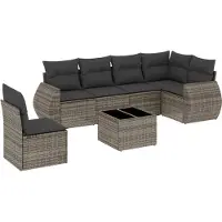 vidaXL 7-tlg. Garten-Sofagarnitur mit Kissen Grau Poly Rattan