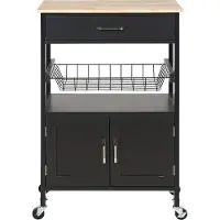 Beliani Servierwagen Schwarz und Heller Holzfarbton aus Holz mit Rollen Schublade Unterschrank für Küche Esszimmer Wohnzimmer