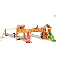 Fungoo Spielturm "Maxi Set Smile Farm My Space XL Fortress Toybox Rainbow Move+" teak mit 2x Rutschen, 2x Spieltürmen, Verbindungsbrücke, Leiter, Schaukel, Trapez, Kletterseil und Kletterwand