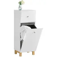 SoBuy Badezimmerschrank mit 1 Schublade - Inkl. 1 kippbaren Wäschekorb - 34x30x90 cm - Max. 20KG - Weiß