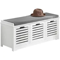 SoBuy Schuhschrank mit gepolstertem Sitz - 3 Körbe - Landhausstil - Max. 120 kg -105 x 35 x 43 cm - Weiß / Grau