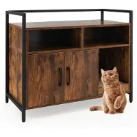 Costway Katzentoilette mit Doppeltüren, Kratzunterlage, offenem Regal & 2 Fächern, Katzenklo, Katzenhöhle, Katzenhaus , für Katzen Hunde Haustier (Kaffee)