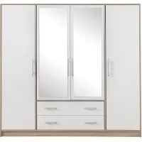 Meblar MobelZet, Kleiderschrank START 01 mit Spiegel, Schlafzimmerschrank, Drehtürenschrank, Weiß + Sonoma