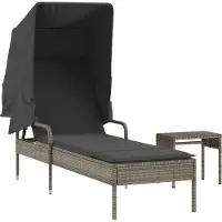 vidaXL Sonnenliege mit Dach und Tisch Grau Poly Rattan