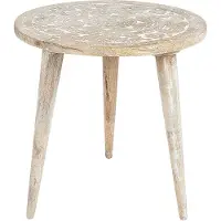 Beliani Beistelltisch 2er Set Hellbraun und Weiß Mango Holz Rund Dreibeinig Handgefertigt Handdekoriert Boho Couchtisch Wohnzimmer Ausstattung Möbel