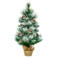 Costway 60cm Künstlicher Mini Weihnachtsbaum, Tisch Tannenbaum mit Zementbasis, schneebedeckter Christbaum mit Kiefernzapfen, Kunstbaum Weihnachten 34 Spitzen PVC Nadeln, grün