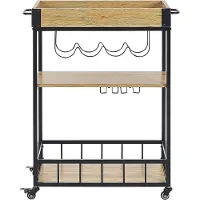 Beliani Servierwagen Schwarz Metall und MDF-Platte Holzoptik Rechteckig mit Griff Rollen Flaschenhalter Gläserhalter für Küche Terrasse Wohnzimmmer
