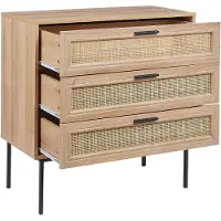 Beliani Kommode Heller Holzfarbton Schwarze Metallbeine und Handgriffe 80 x 80 x 40 cm Boho Stil Drei Rattan Schubladen Schlafzimmer Wohnzimmer Flur