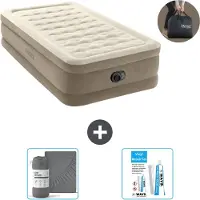 Intex Luftbett - 1 Person - 99 x 191 x 46 cm - Beige - Mit eingebauter Pumpe, Spannbettlaken Anthrazit en Reperaturset