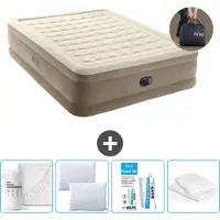 Intex Luftbett - 2 Personen - 152 x 203 x 46 cm - Beige - Mit eingebauter Pumpe, Spannbettlaken Weiß, Kopfkissen, Molton 2 in 1 Kissenbezüge en Reperaturset