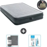 Intex Luftbett - 2 Personen - 152 x 203 x 33 cm - Grau - Mit eingebauter Pumpe, Spannbettlaken Anthrazit en Reperaturset