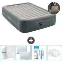 Intex Luftbett - 2 Personen - 152 x 203 x 46 cm - Grau - Mit eingebauter Pumpe, Spannbettlaken Weiß, Kopfkissen, Molton 2 in 1 Kissenbezüge en Reperaturset