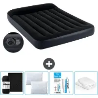 Intex Luftbett - 2 Personen - 137 x 191 x 25 cm - Blau - Mit eingebauter Pumpe, Spannbettlaken Schwarz, Kopfkissen, Molton 2 in 1 Kissenbezüge en Reperaturset