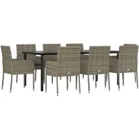 vidaXL 9-tlg. Garten-Essgruppe mit Kissen Schwarz und Grau Poly Rattan