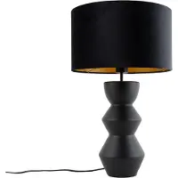 QAZQA - Design Tischleuchte I Tischlampe I Lampe I Leuchte Schwarz Samt-Schirm Schwarz mit Gold I Messing 35 cm - Alisia I Wohnzimmer I Schlafzimmer - Keramik Rund - LED geeignet E27