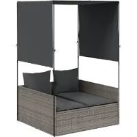 vidaXL Doppel-Sonnenliege mit Dach und Vorhängen Grau Poly Rattan