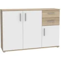Forte IKOLI Kommode 120, moderne Kommode, 3-türig, 2 Schubladen, Wohn-/Schlafzimmer, Flur, Holzwerkstoff, Weiß mit Sonoma Eiche Holzdekor, 119,6 cm breit x 81,7 cm hoch x 31,4 cm tief