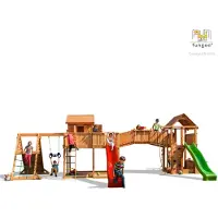 Fungoo Spielturm "Maxi Set Spider Land My Space XL Fortress Toybox Rainbow Spider+" teak mit 2x Rutschen, 2x Spieltürmen, Verbindungsbrücke, Schaukel, Leiter, Trapez, Kletterseil und Kletterwände