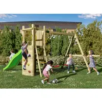 Fungoo , Spielturm "Funny 3", natur, mit Doppelschaukel, Rutsche und Kletterwand