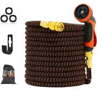 FlinQ Flexibler Gartenschlauch bis zu 10 Meter - dehnbarer Wasserschlauch mit Sprinklerkopf und Schlauchhalter - Flexibel und knotenfrei - Inklusive Aufbewahrungstasche - Schwarz / Orange
