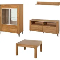 Szynaka Meble Wohnzimmer-Set Wohnwand Latina 4-teilig Honig Eiche teilmassiv Lowboad Vitrine