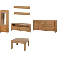 Szynaka Meble Wohnzimmer-Set Wohnwand Latina 6-teilig Honig Eiche teilmassiv Lowboad Vitrine