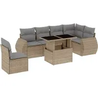 vidaXL 7-tlg. Garten-Sofagarnitur mit Kissen Beige Poly Rattan