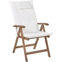 Beliani Gartenstuhl 6er Set Dunkelbraun und Cremeweiß Akazienholz Vertsellbar Klappbar mit Auflagen Armlehnen Lamellen-Optik Rustikal Außenbereich