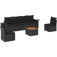 vidaXL 7-tlg. Garten-Sofagarnitur mit Kissen Schwarz Poly Rattan