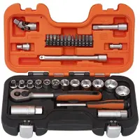 Bahco 1/4" und 3/8" Steckschlüssel-Satz, Zoll, Sechskant, inklusive Umschaltknarre - 34-teilig