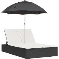 vidaXL Doppel-Sonnenliege mit Kissen&Sonnenschirm Schwarz Poly Rattan