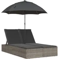 vidaXL Doppel-Sonnenliege mit Kissen & Sonnenschirm Grau Poly Rattan
