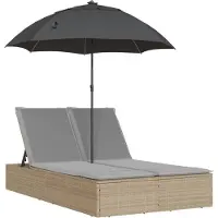 vidaXL Doppel-Sonnenliege mit Kissen & Sonnenschirm Beige Poly Rattan