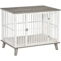 PawHut Hundekäfig aus Holz mit Kissen Hundebox in erhöhtem Design Weiß+Grau