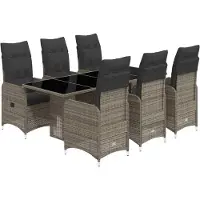 vidaXL 7-tlg. Garten-Bistro-Set mit Kissen Grau Poly Rattan