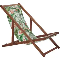 Beliani Liegestuhl 2er Set Dunkelbraun Akazienholz mit Buntem Bezug Klappbar Flamingomuster Gartenausstattung Outdoor Gartenzubehör Modern