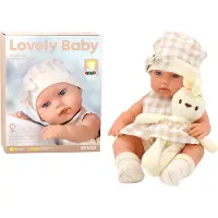 Wisam Babypuppe in einer Trage, ein Hase, im karierten Outfit, beige