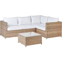 Beliani Lounge Set Hellbraun Rattan 2-Teilig Modern 4-Sitzer Ecksofa Linksseitig mit Couchtisch Auflagen Cremeweiß Terrasse Outdoor Gartenmöbel