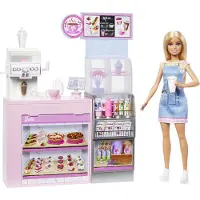 Barbie Naschcafé Spielset mit blonder Barista-Puppe, funktionierender Kaffeemaschine und über 10 Zubehörteilen, Modepuppe, Weiblich, 3 Jahr(e), Mädchen, 295,9 mm, 424 g